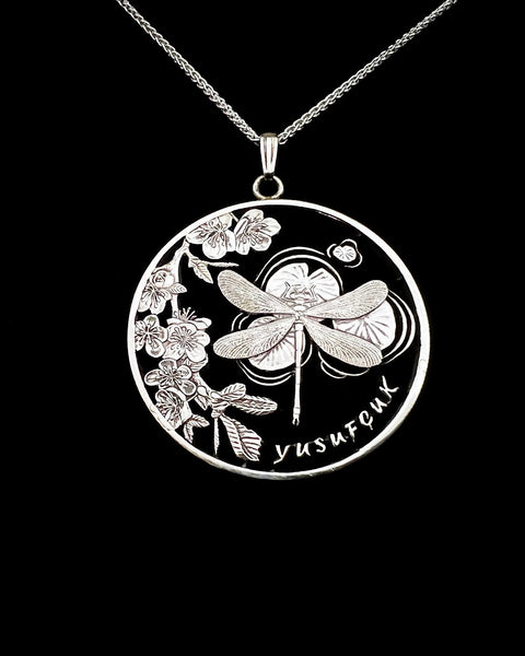 Turkey - Silver Cut Coin Pendant with Dragonfly