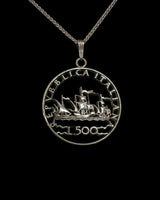 Italy - Silver Cut Coin Pendant with Ships