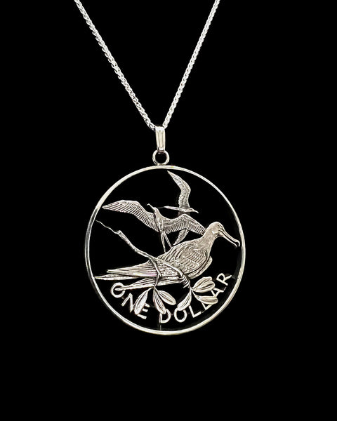 British Virgin Islands - Silver Cut Coin Pendant with Frigate Birds