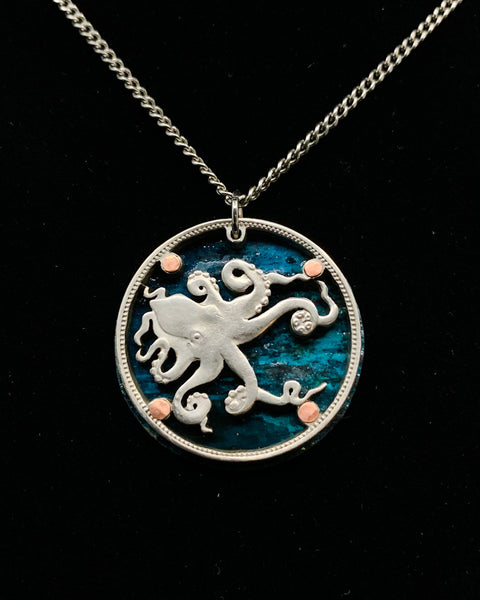 Tuvalu - Octopus Cut Coin Pendant with Blue Background