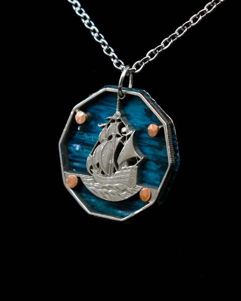 East Caribbean States - Ship with Blue Background Cut Coin Pendant