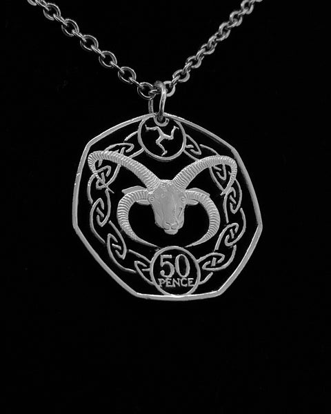 Isle of Man - “50 PENCE” Intact - Manx Loaghton Sheep Cut Coin Pendant