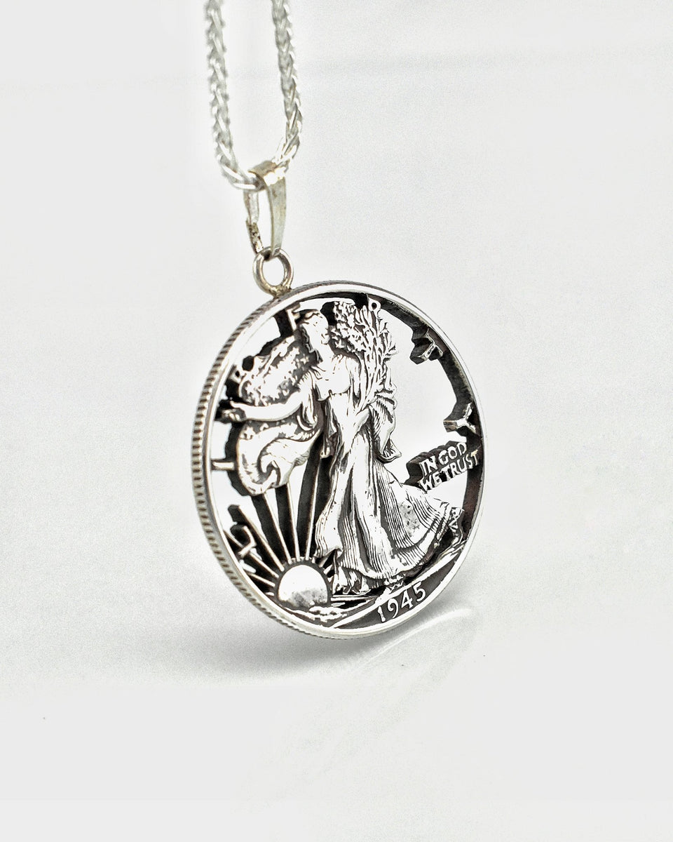 thumbnail image 2 of Walking Liberty Half Dollar Coin Pendant | 90% Silver | Handmade Vintage Jewelry 2 of 4