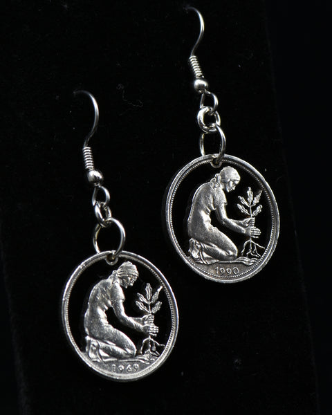 Germany - Cut Coin Earrings with Woman Planting Oak Tree